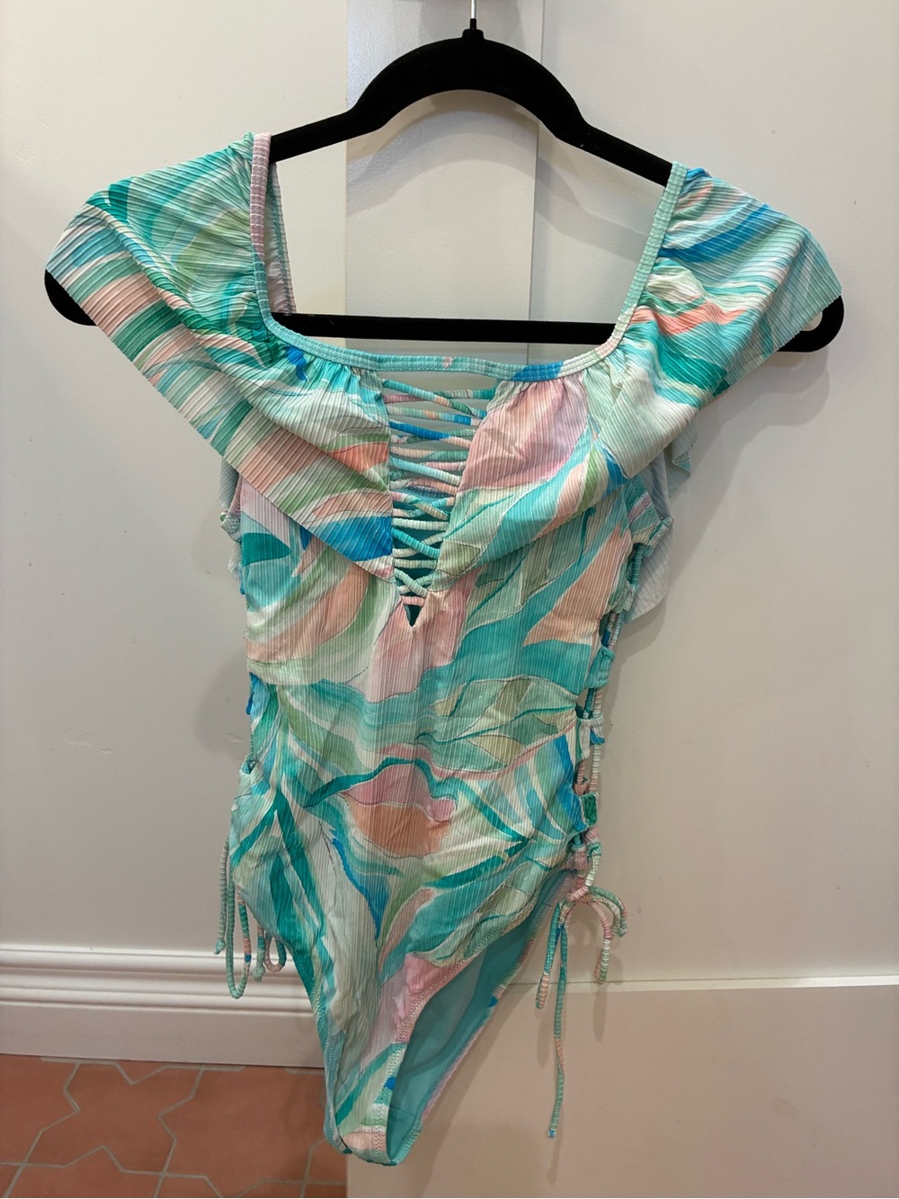 Vintage Multicolor Lace-Up One-Piece Swimsuit - Aqua, Pink & Mint